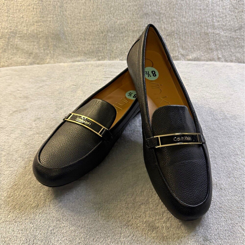Calvin Klein Womens Loafers 8.5 Black Gold Logo Slip On Flats New Defects